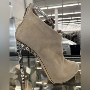 Giuseppe Zanotti for Jennifer Lopez. Suede bootie featuring faceted crystal trim